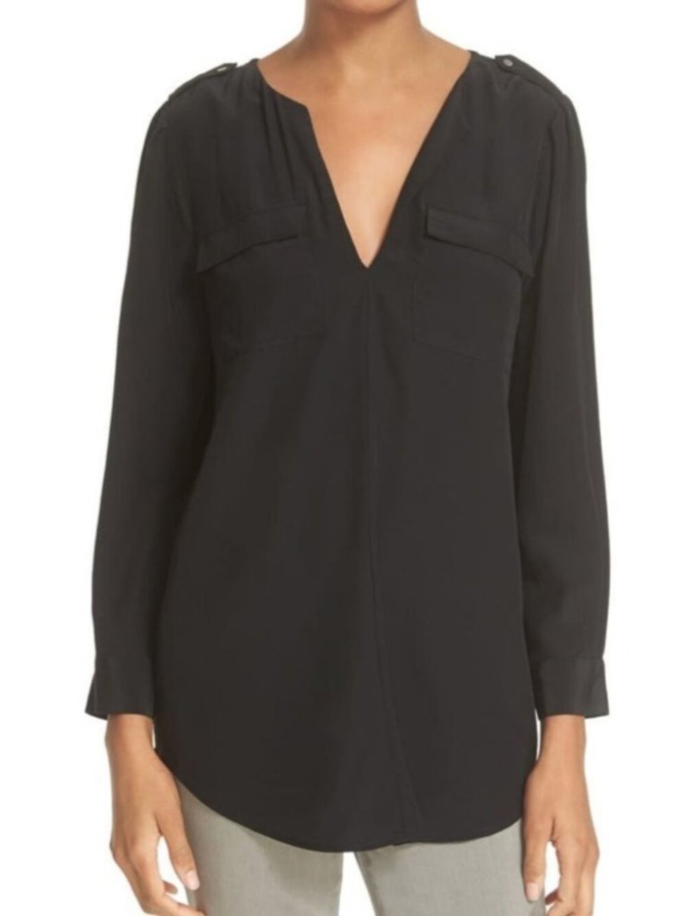 Joie Marlo Silk Split V-neck Pocket Blouse